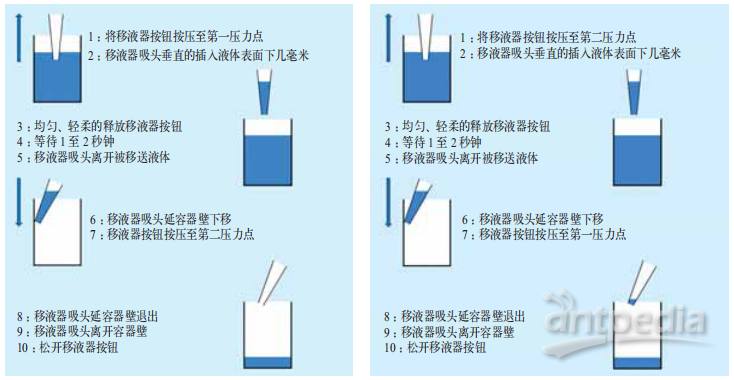 图3 不同的移液技术，正向移液(左)和反向移液(右)