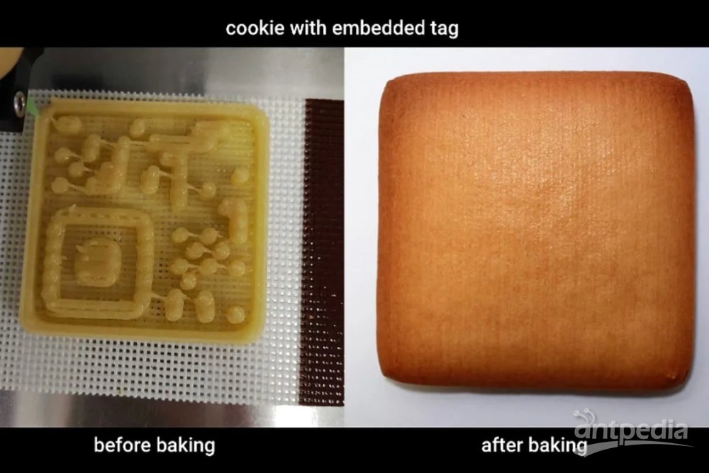 A 3D-printed edible QR code (left), and the finished cookie that contains it