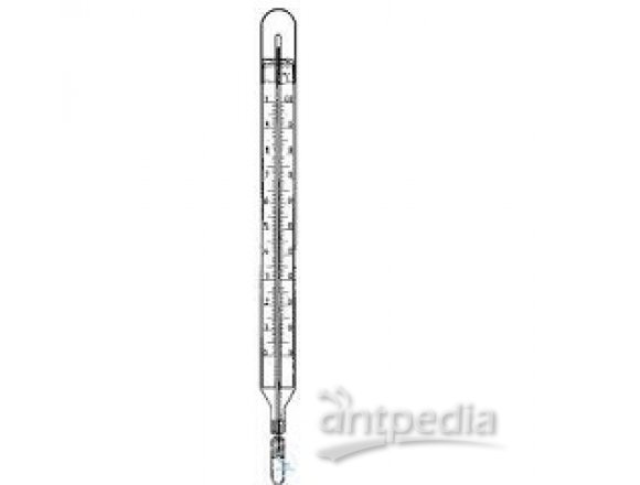 STEM THERMOMETERS, DIN 16178  OPAL GLASS SCALE, YELLOW ENAMELLED  MERCURY FILLING,  0 +400| 5°C, L.
